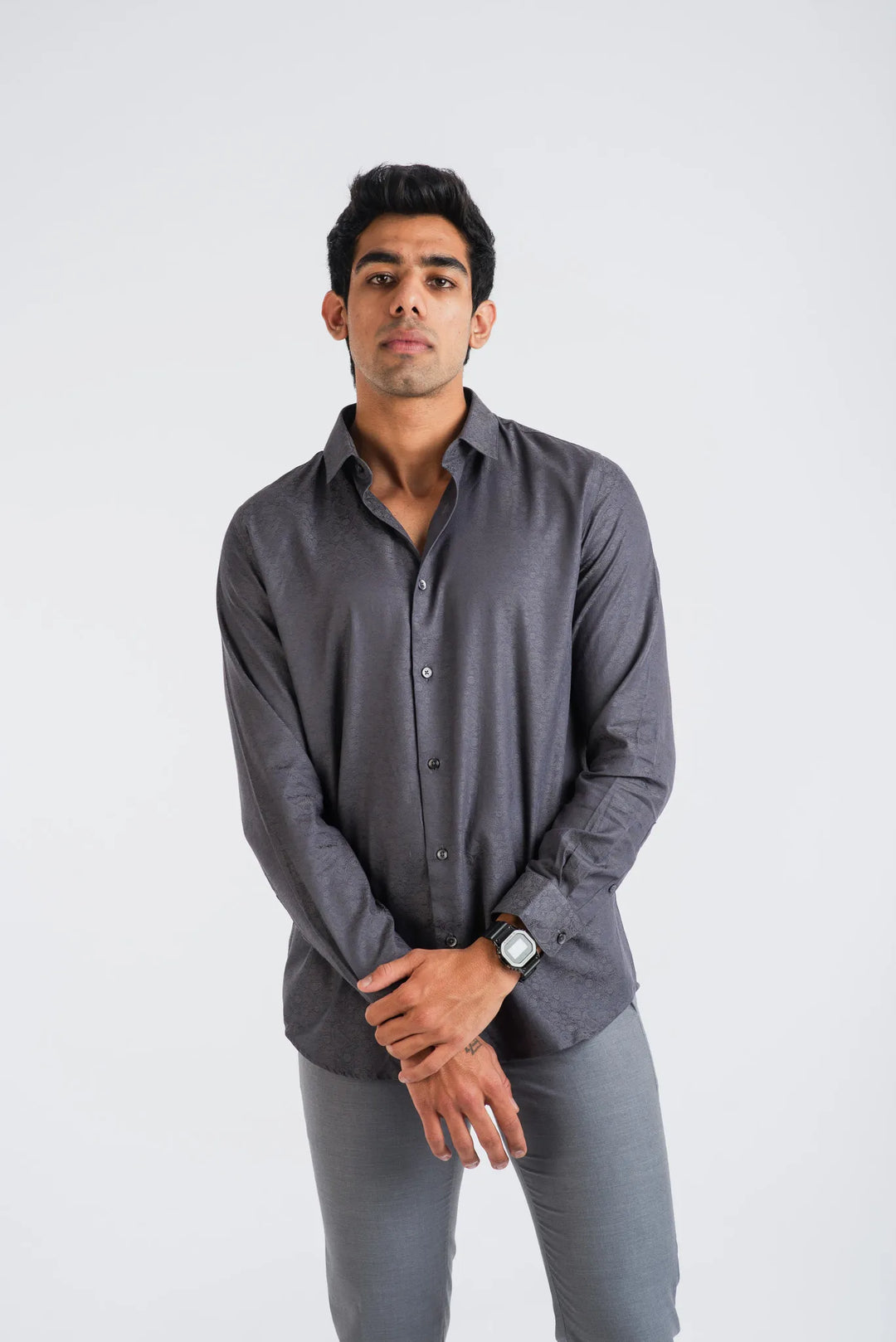Giza Cotton Grey Classic Textured Long Sleeve Shirt for Men