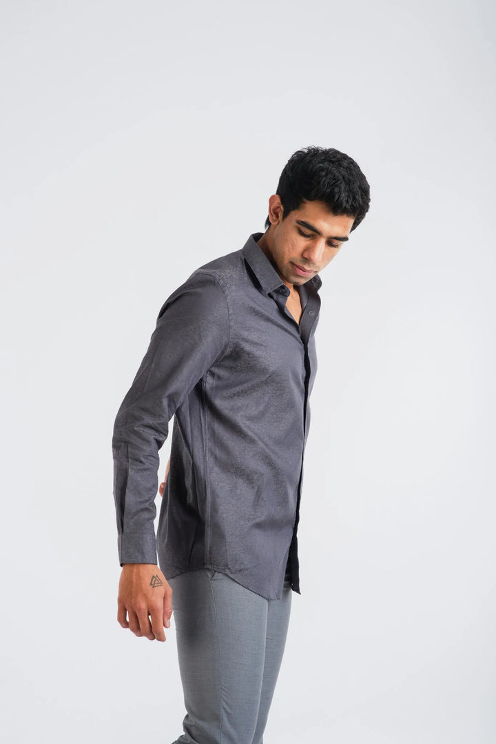 Giza Cotton Grey Classic Textured Long Sleeve Shirt for Men