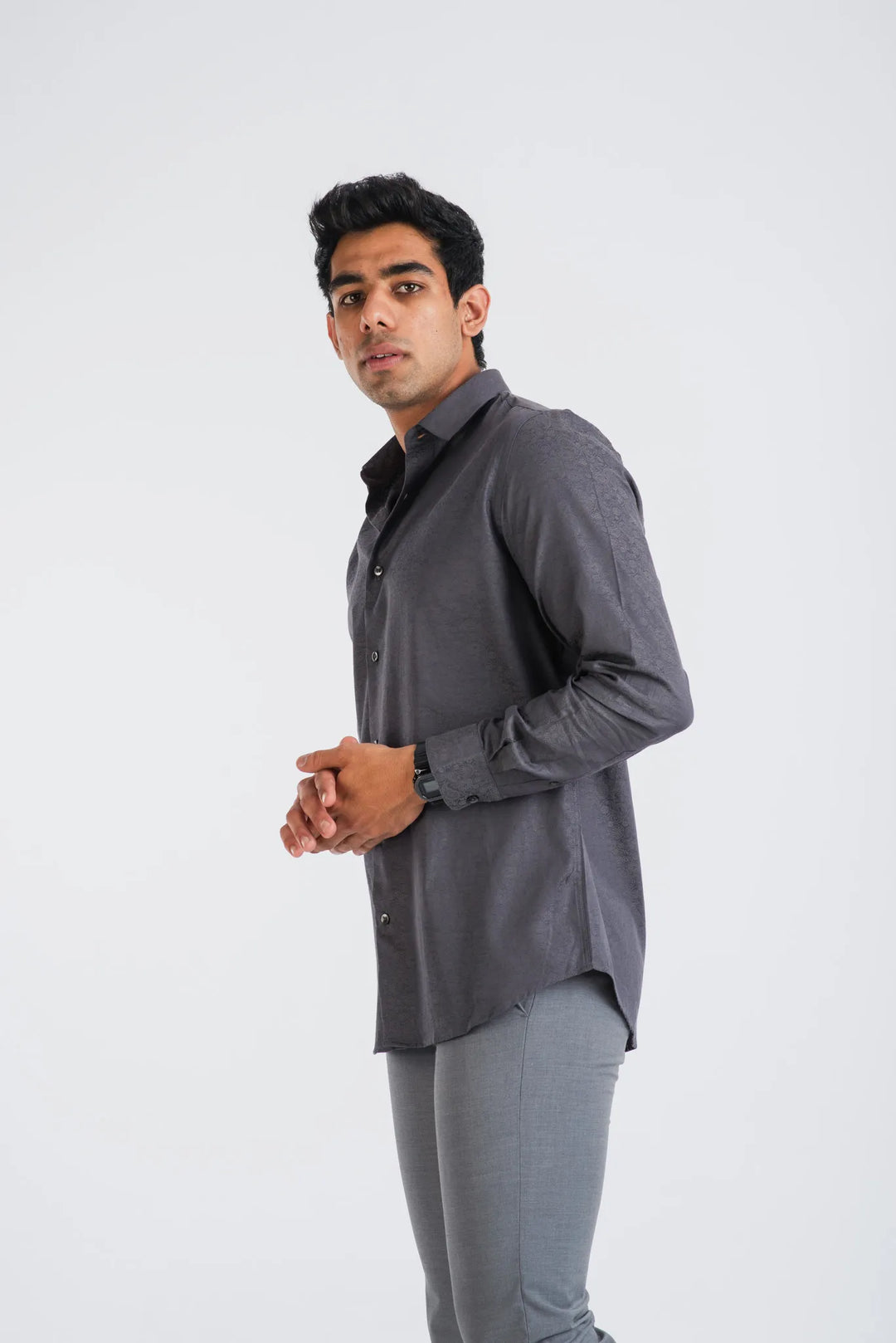 Giza Cotton Grey Classic Textured Long Sleeve Shirt for Men