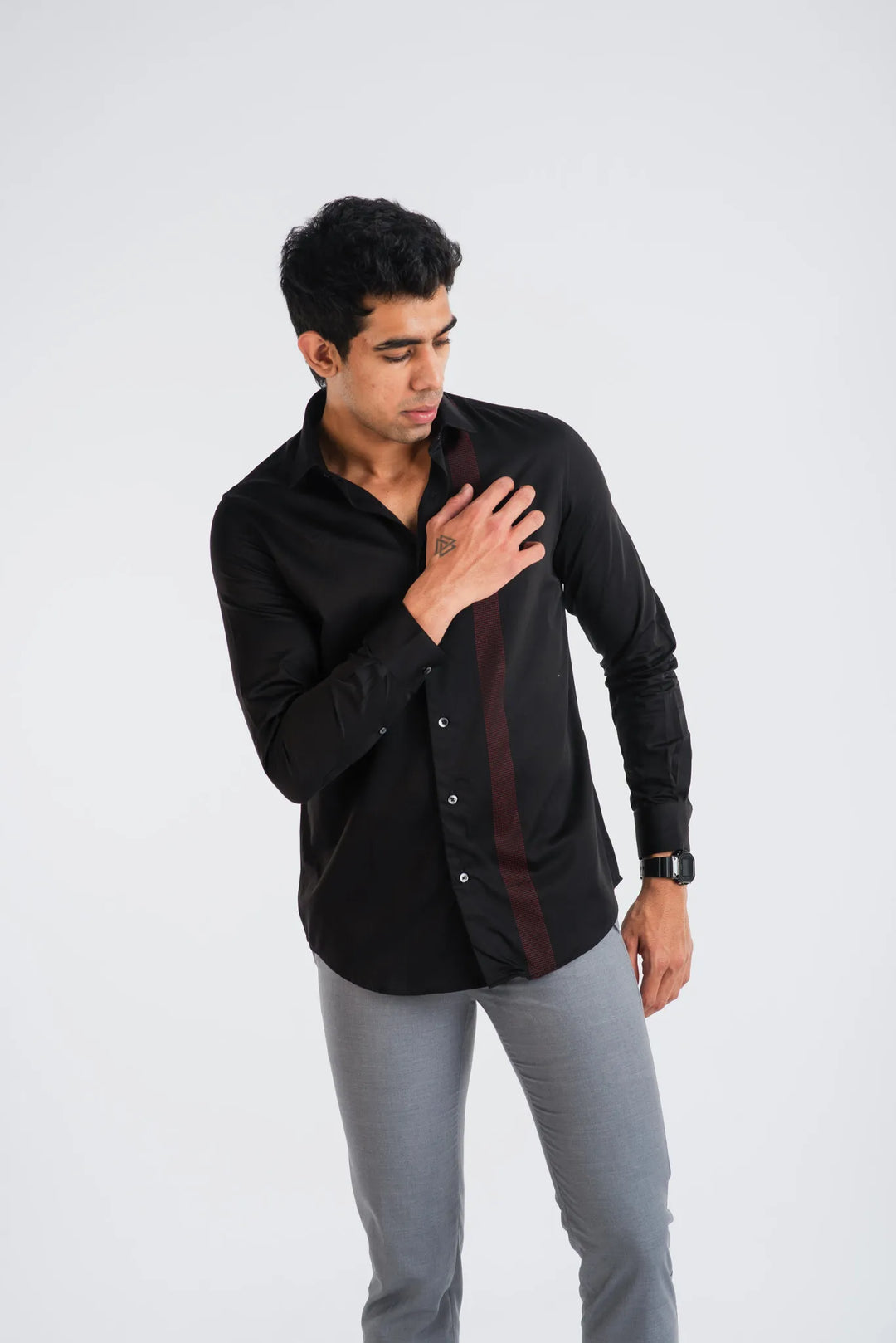 Giza Cotton Red Stripe Textured Long Sleeve Shirt for Men