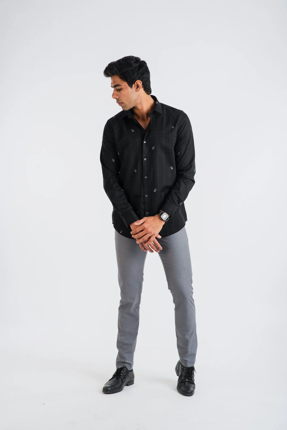 Giza Cotton Plaid Textured Floral Long Sleeve Shirt for Men