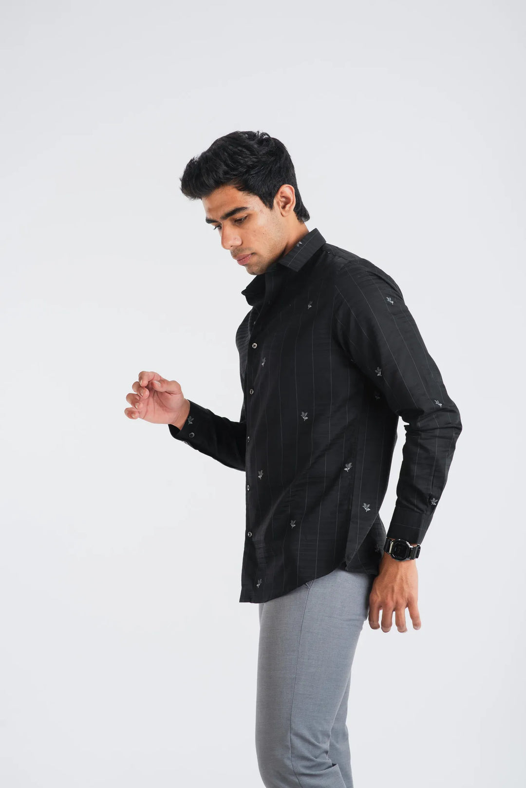 Giza Cotton Plaid Textured Floral Long Sleeve Shirt for Men