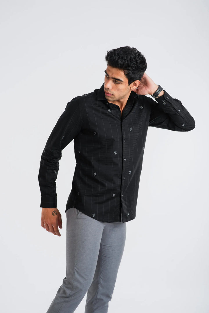 Giza Cotton Plaid Textured Floral Long Sleeve Shirt for Men