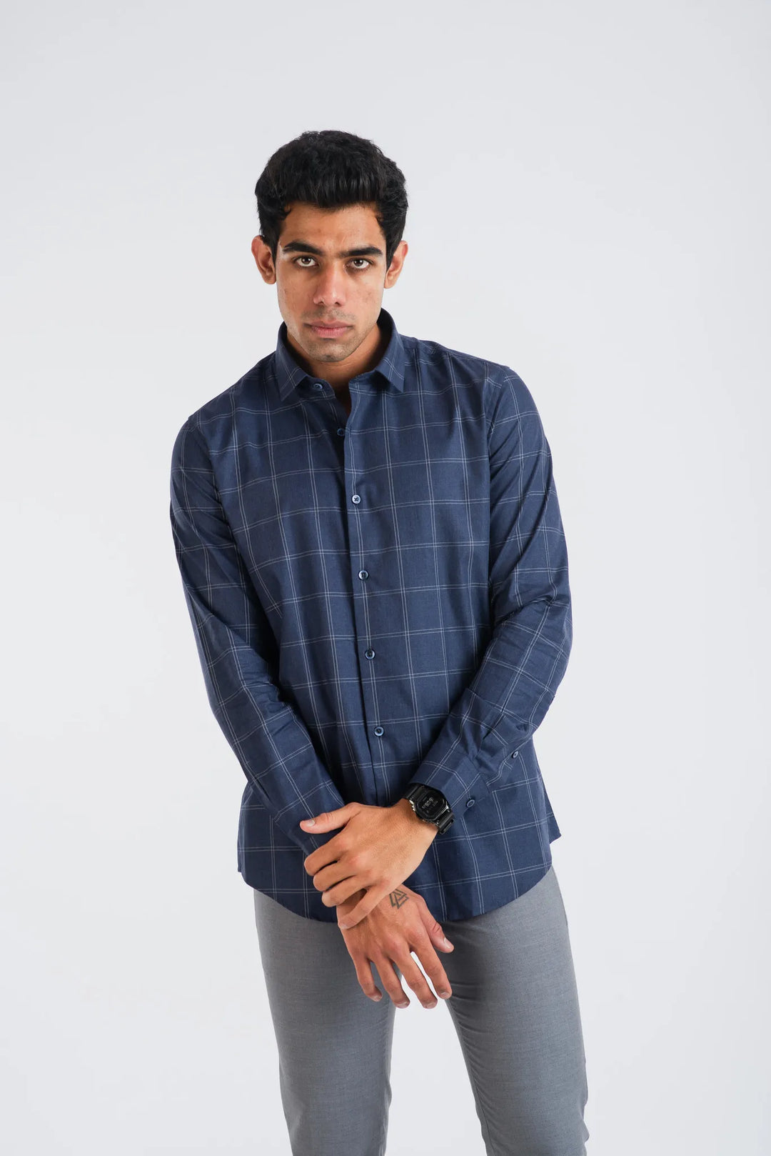 Giza Cotton Navy Master Plaid Long Sleeve Shirt for Men