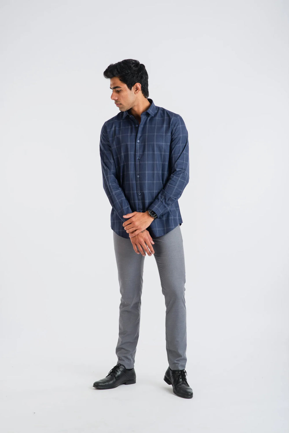Giza Cotton Navy Master Plaid Long Sleeve Shirt for Men