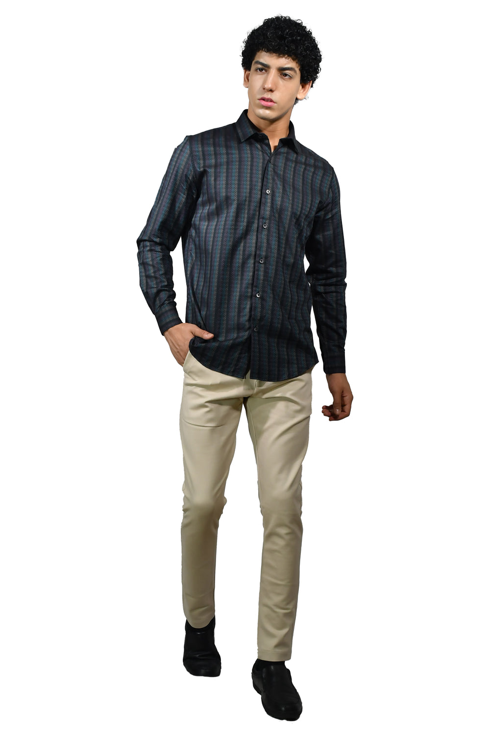 Black Jacquard Long Sleeve Shirt for Men