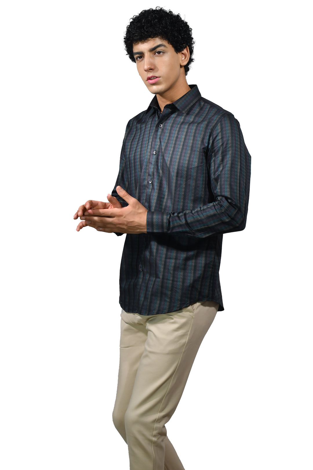 Black Jacquard Long Sleeve Shirt for Men
