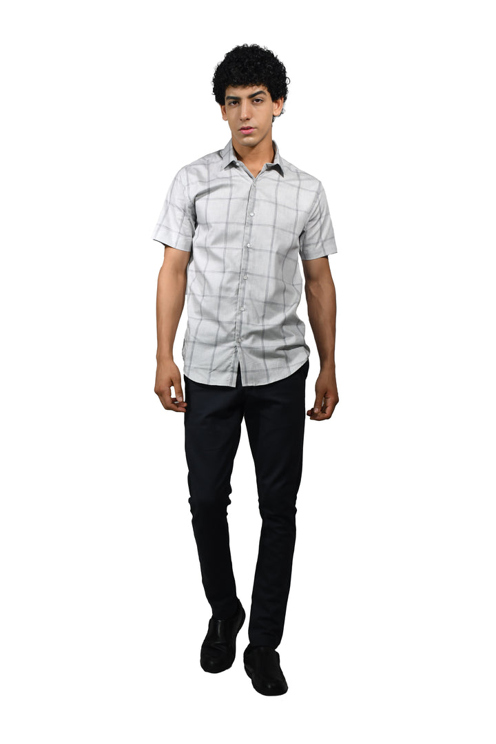 Cotton Grey Square Checks Short Sleeve Shirt for Men