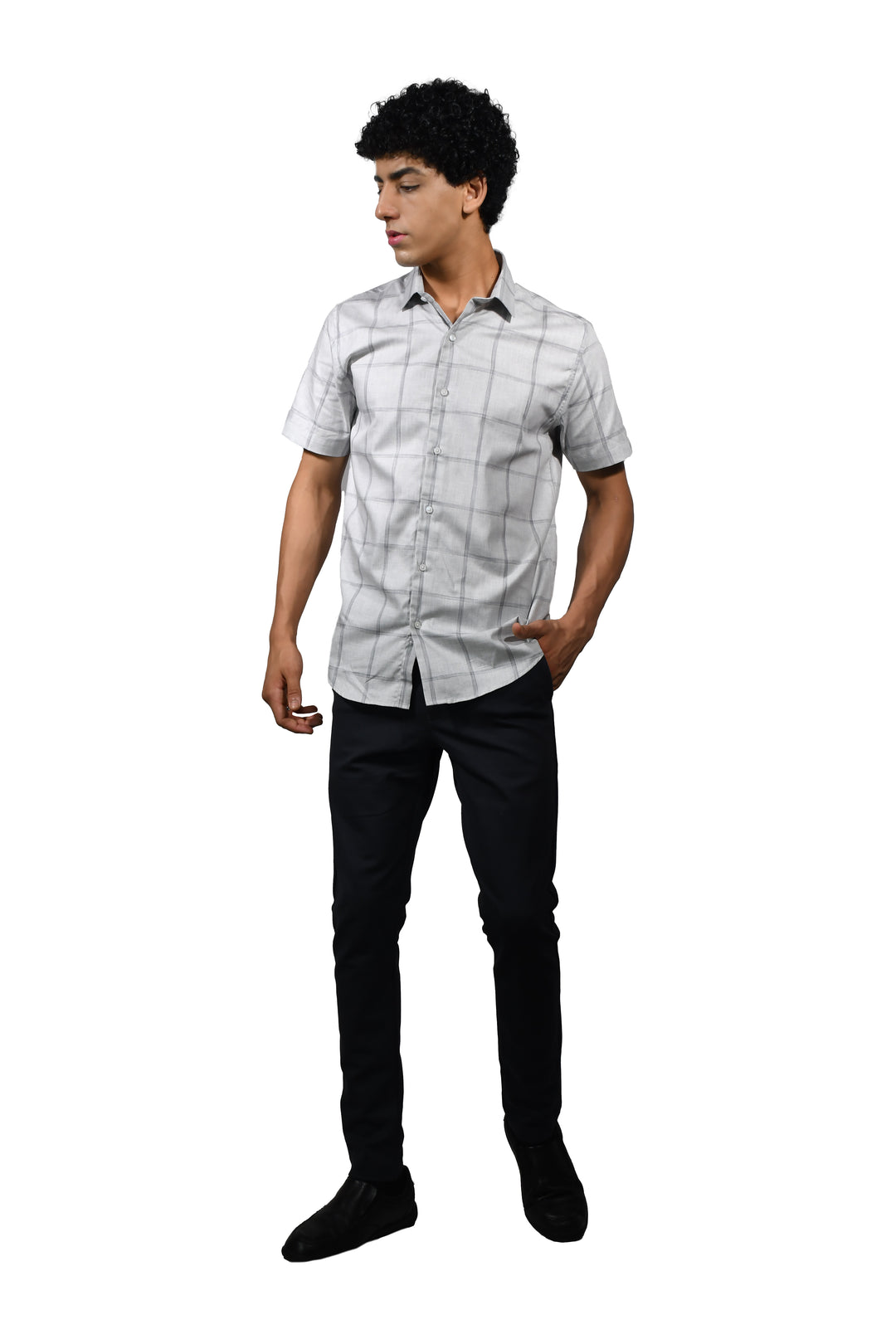Cotton Grey Square Checks Short Sleeve Shirt for Men