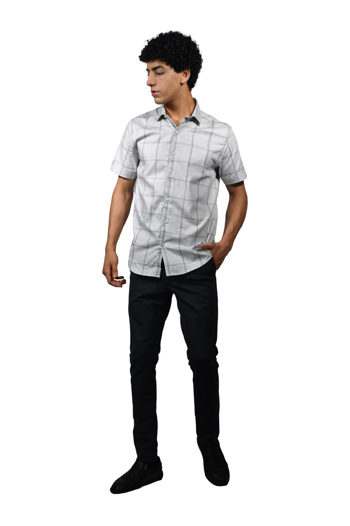Cotton Grey Square Checks Short Sleeve Shirt for Men