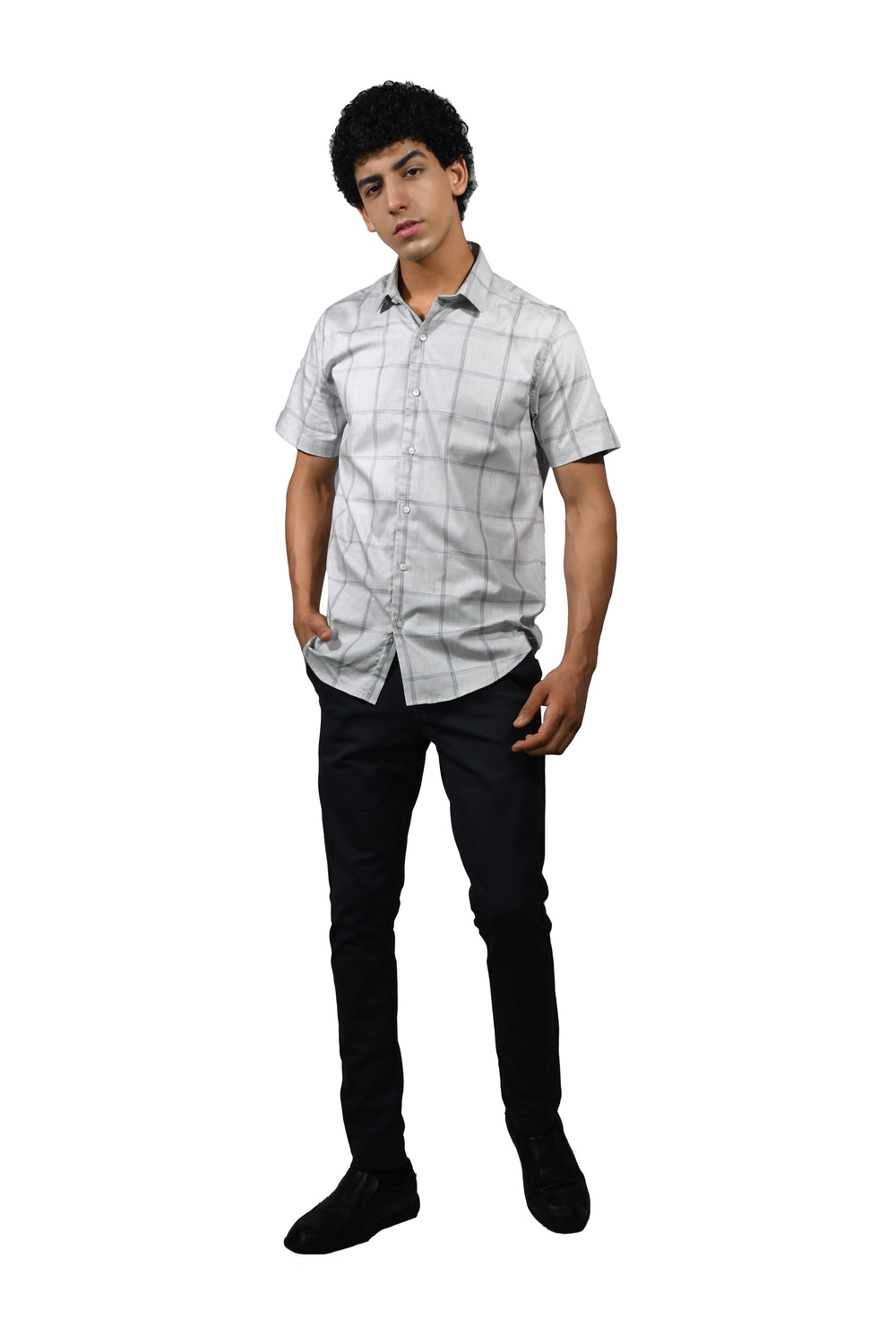 Cotton Grey Square Checks Short Sleeve Shirt for Men