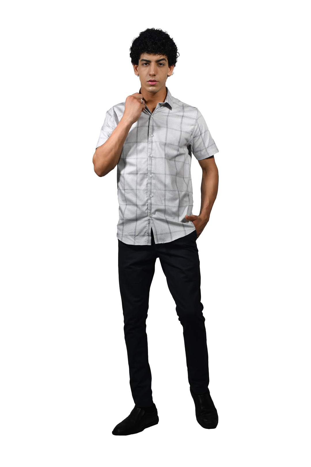 Cotton Grey Square Checks Short Sleeve Shirt for Men