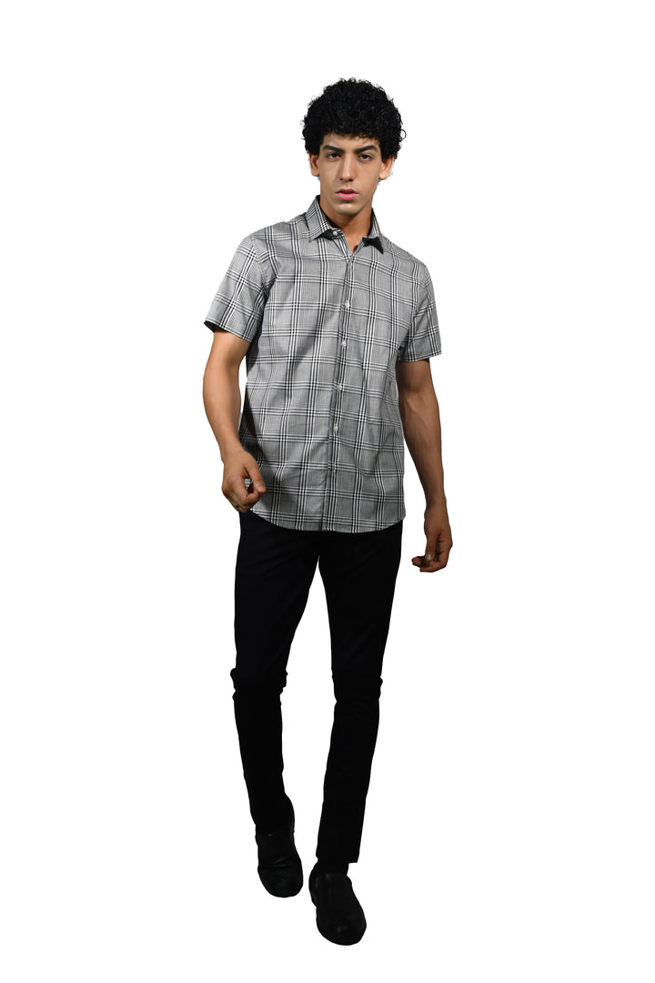 Cotton Black White Plaid Short Sleeve for Men