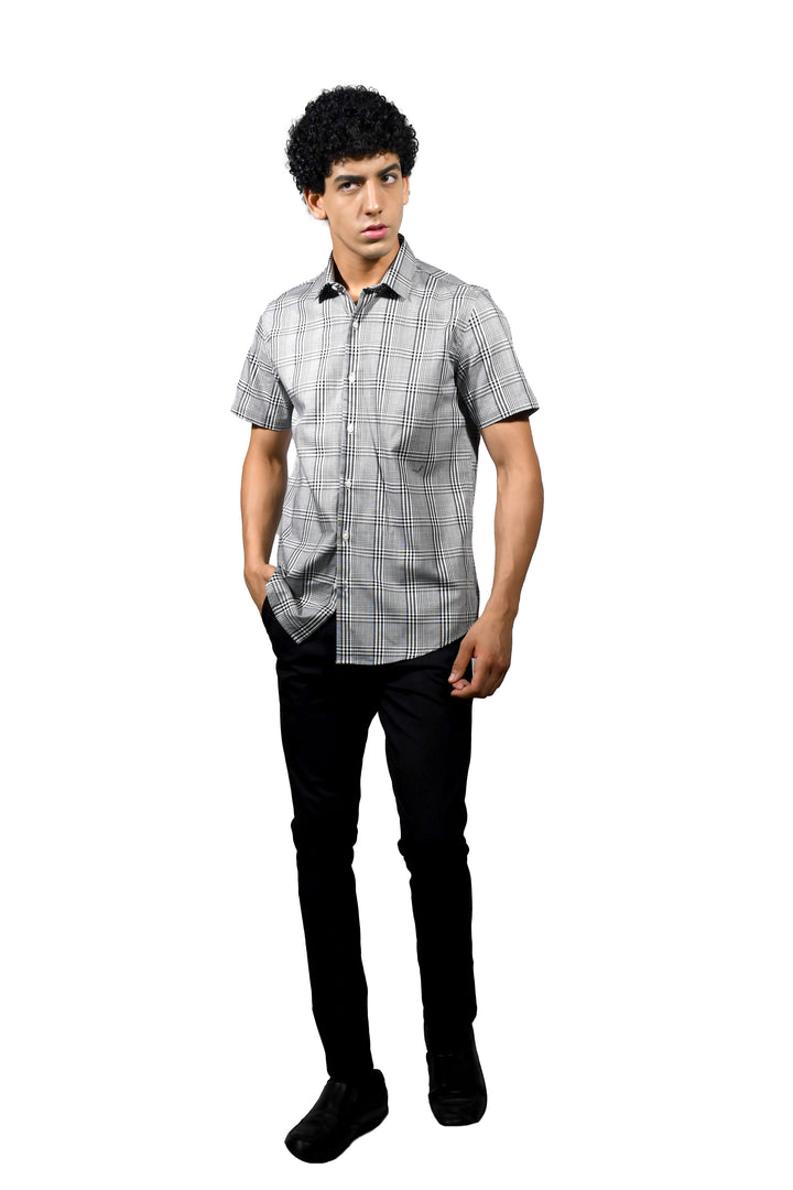 Cotton Black White Plaid Short Sleeve for Men