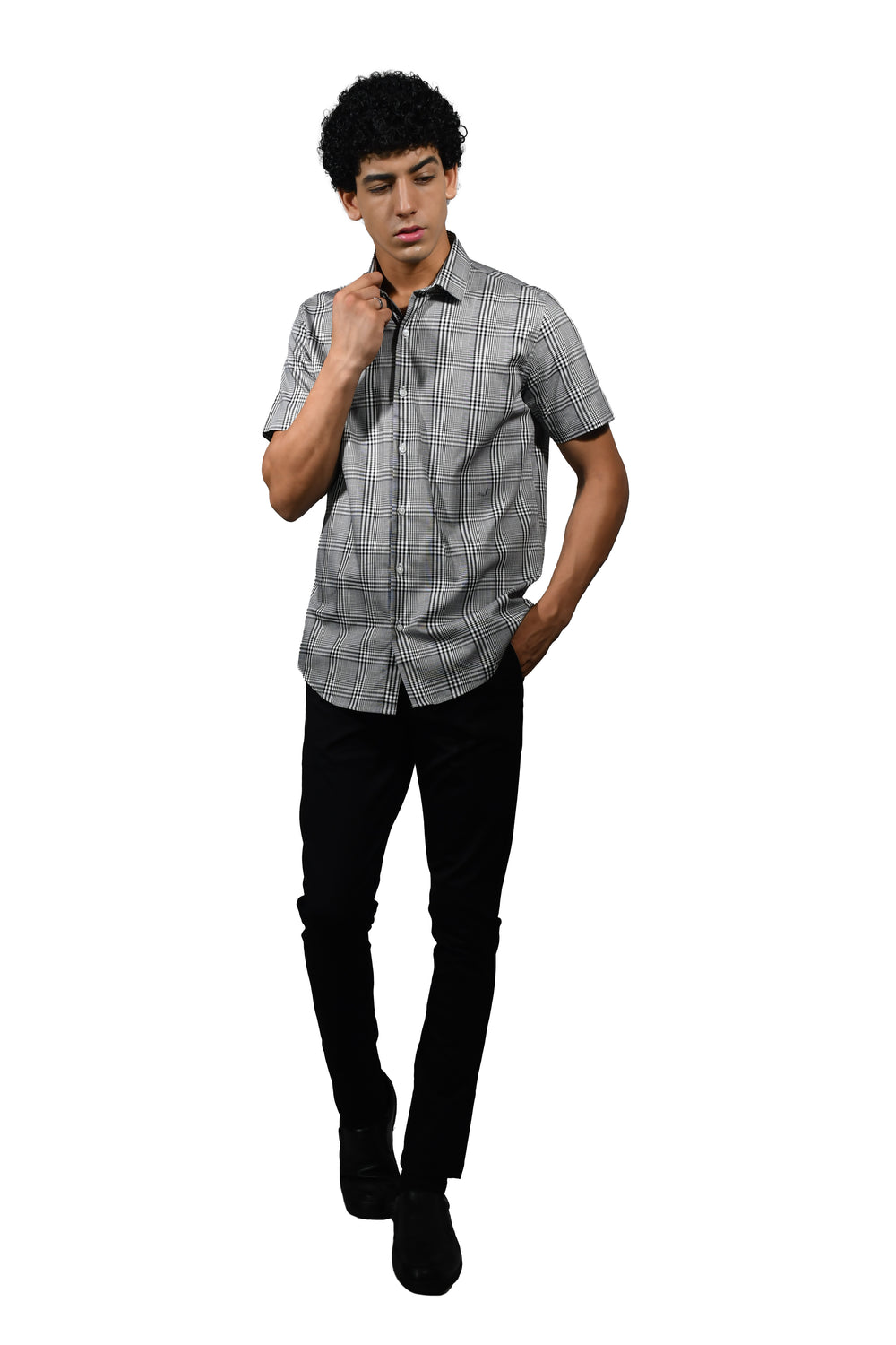 Cotton Black White Plaid Short Sleeve for Men