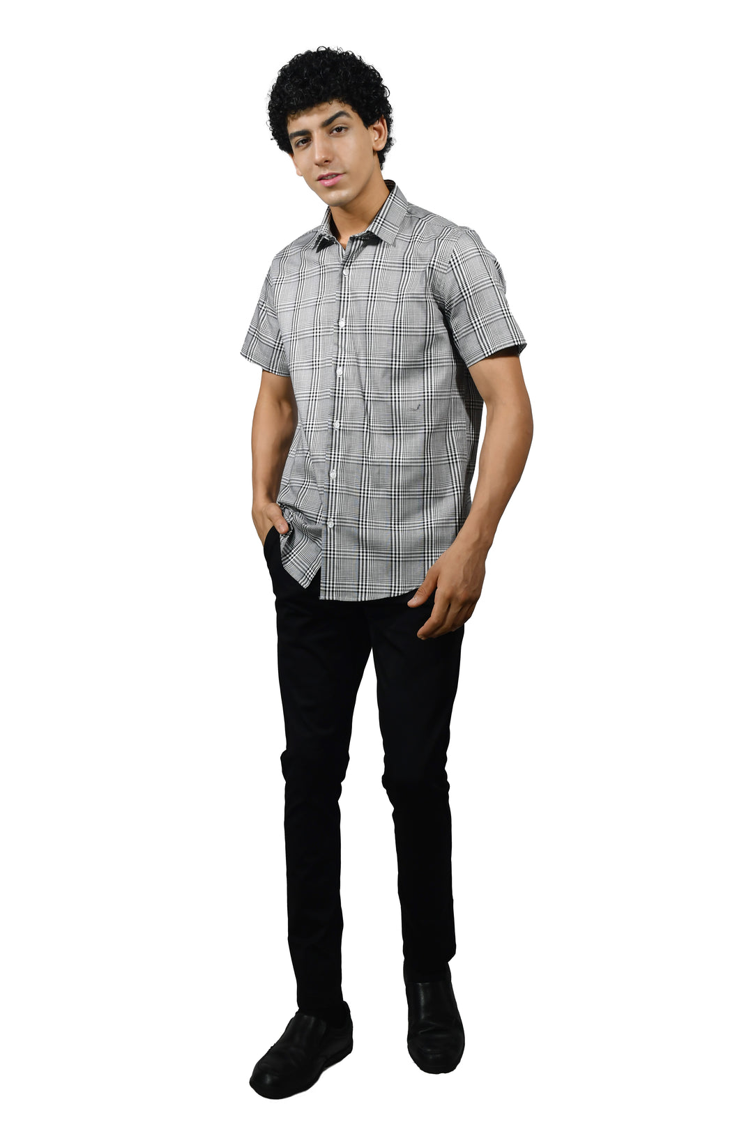 Cotton Black White Plaid Short Sleeve for Men