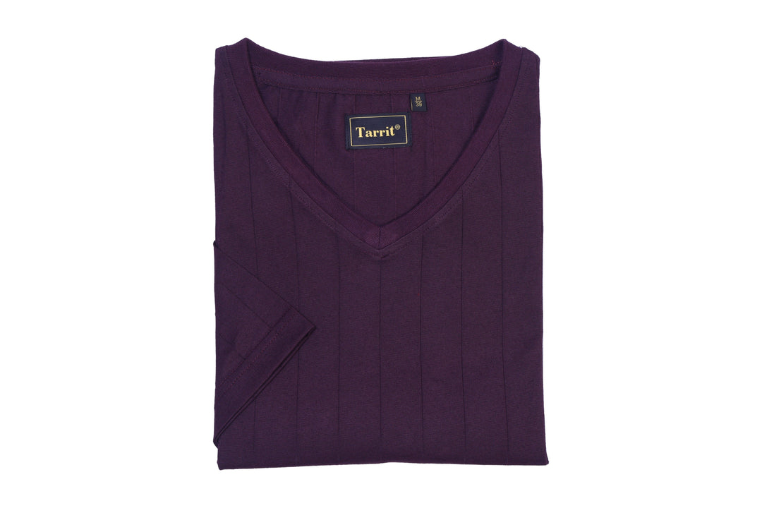 Purple Poly Cotton Short Sleeve V-Neck Shirt for Men