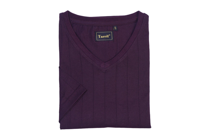 Purple Poly Cotton Short Sleeve V-Neck Shirt for Men