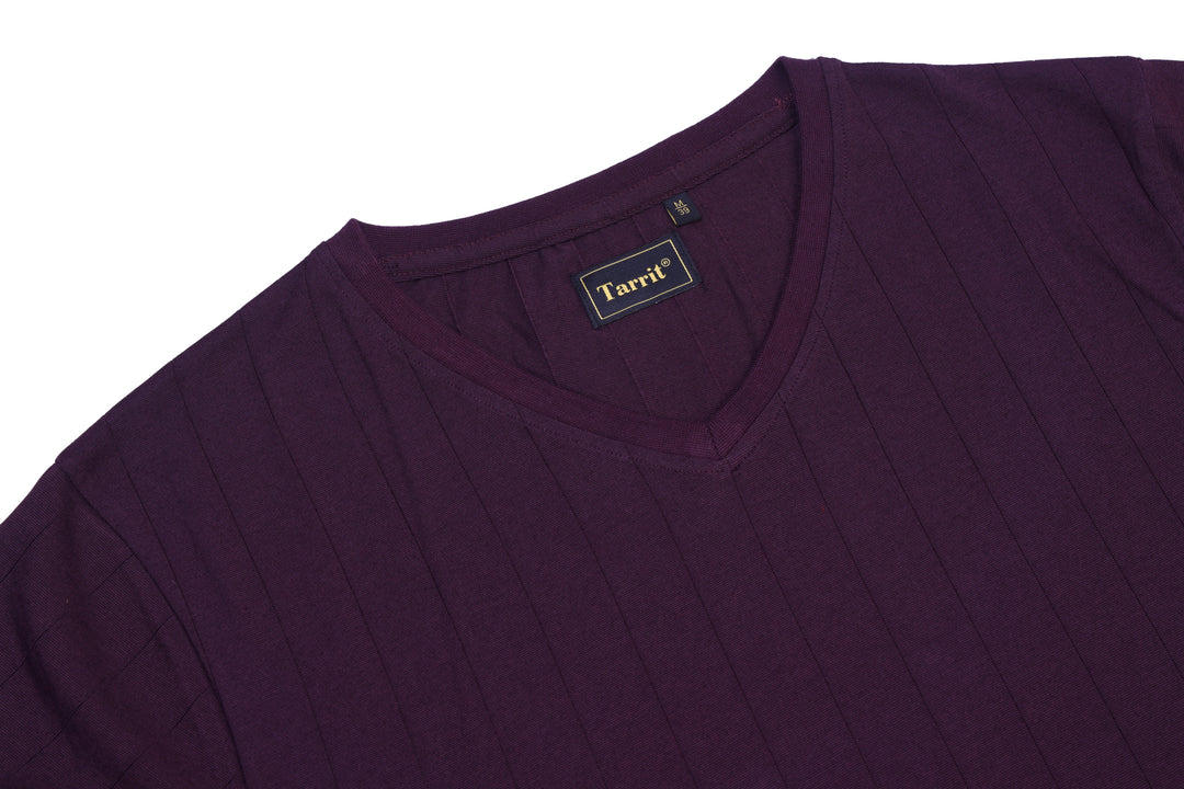 Purple Poly Cotton Short Sleeve V-Neck Shirt for Men